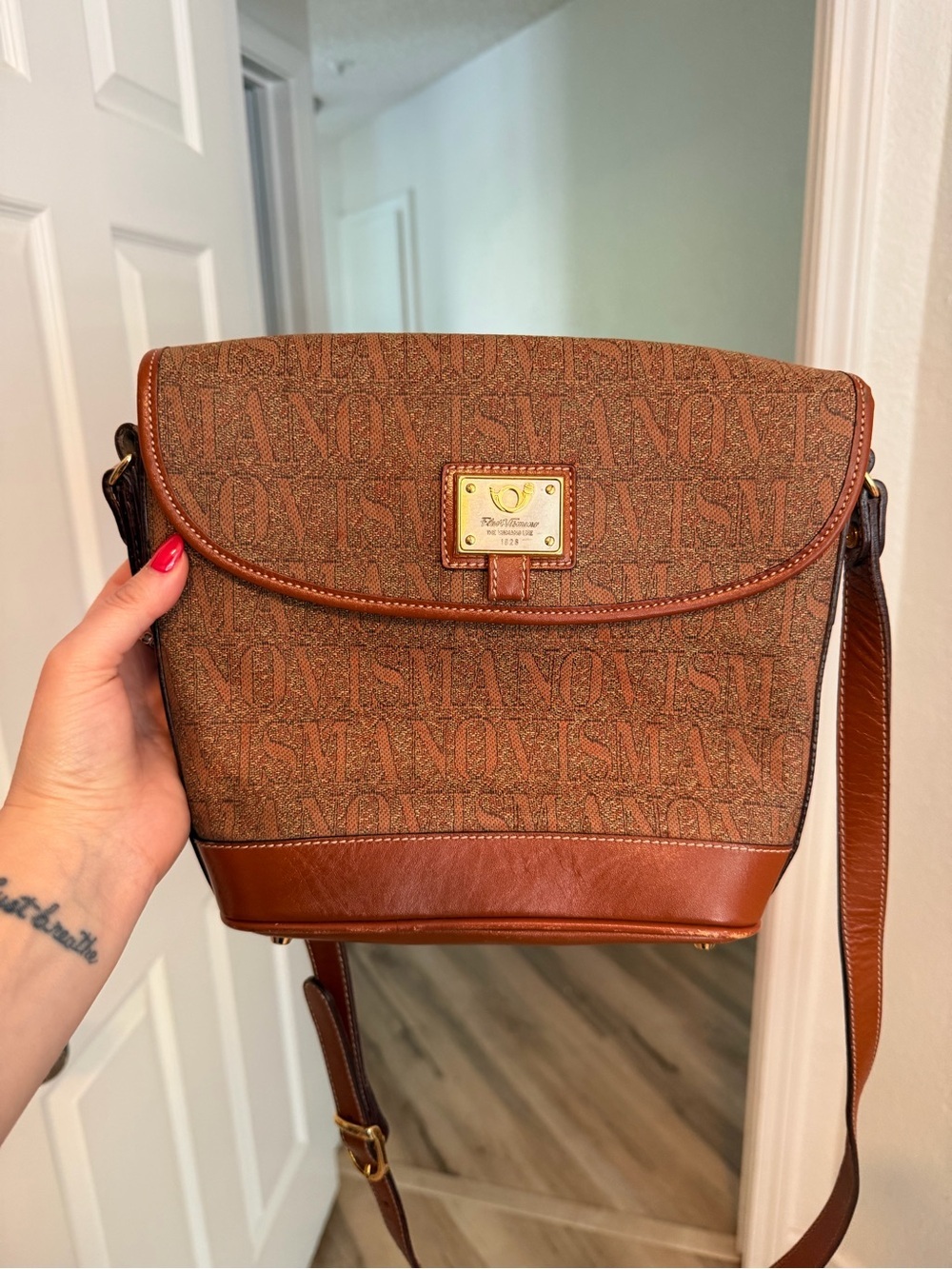 Flori Vismano Made In Italy Monogram Crossbody Bag Brown Leather Trim Y2K